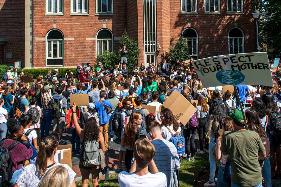 Overhead view of a student climate protest on the UConn Storrs campus.